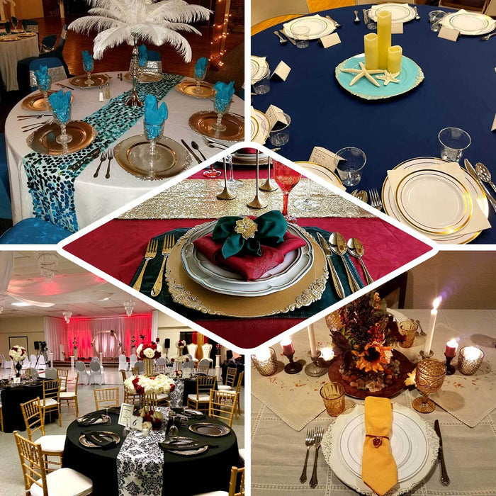 Elegant table settings for various occasions with decorative elements and tableware.