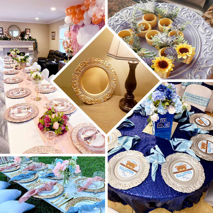 Elegant table settings featuring floral arrangements and decorative plates for a celebration.