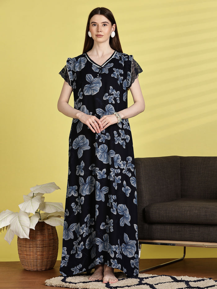 Navy Blue Nighty for Women with Pocket and Lace