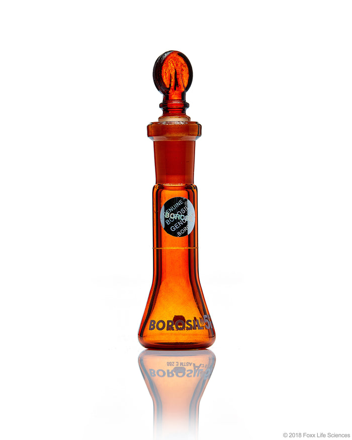 Amber Volumetric Flask, Wide Neck, With Glass I/C Stopper, Class A with Batch certificate, 5mL | img_1 | Foxx Life Sciences Global | shopfls.com