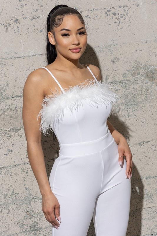 BELL BOTTOM KNIT JUMPSUIT WITH FEATHERS
