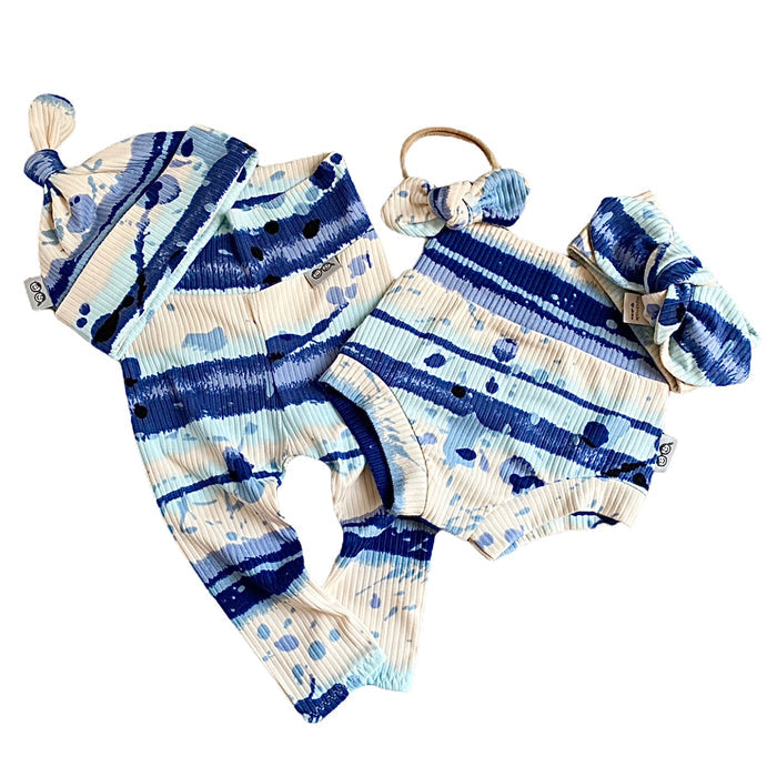 Blue Abstract Stripe Ribbed Leggings and/or Knot Beanie Hat