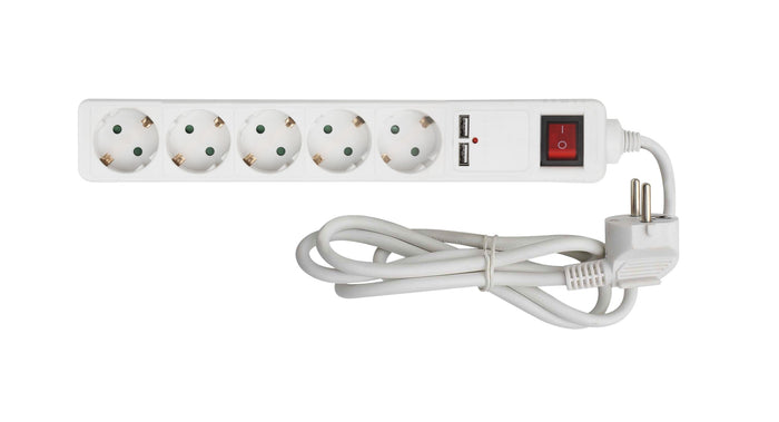 Calex Receptacle - 5-way - USB - Switch - White - 1.4m cable