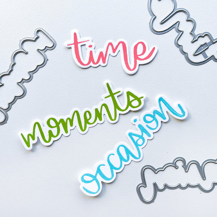 Catherine Pooler - Dies - Moments in Time. The Moment in Time Dies cut an outline shape for the scripted word dies in the Moments in Time Sentiments Stamp Set. Available at Embellish Away located in Bowmanville Ontario Canada.