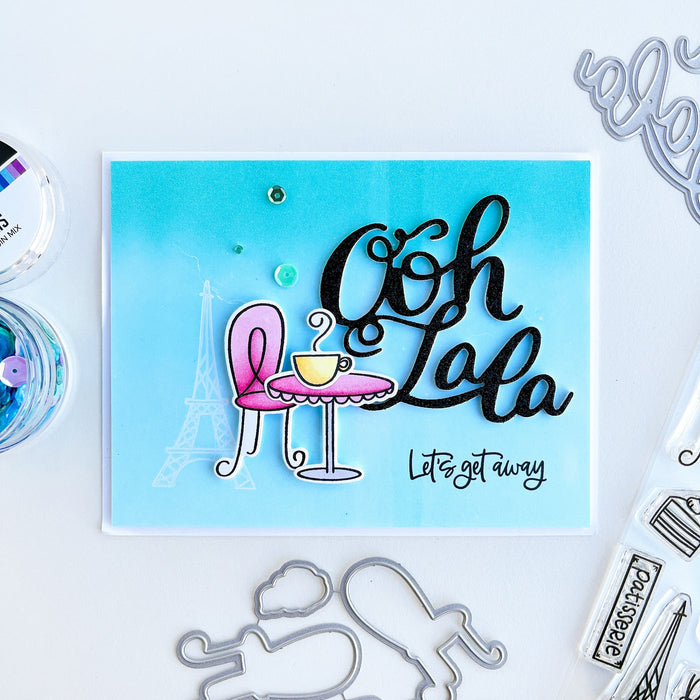 Catherine Pooler - Word Die - Ooh LaLa. Ooh Lala, this word die is divine!! The Ooh Lala is a cute addition to a card celebrating exciting news! It pairs perfectly with our Dreaming of France Stamp Set but will also be a cute focal point for a birthday or a fun way to say congrats. Die measures approx. 2-1/2" x 3". Available at Embellish Away located in Bowmanville Ontario Canada. Card example by Catherine Pooler