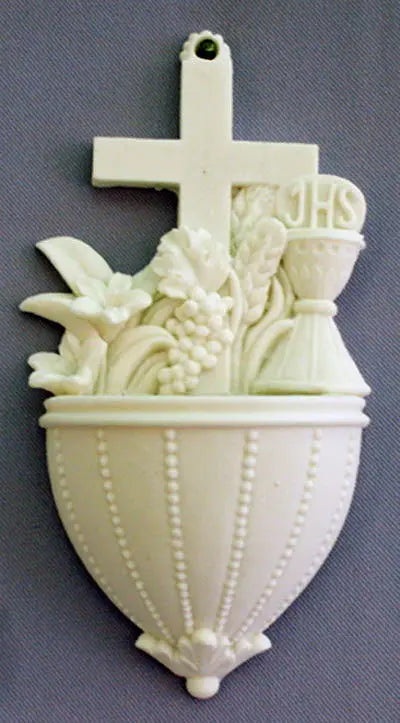 Communion Font with Lilies and Chalice, White Alabaster
