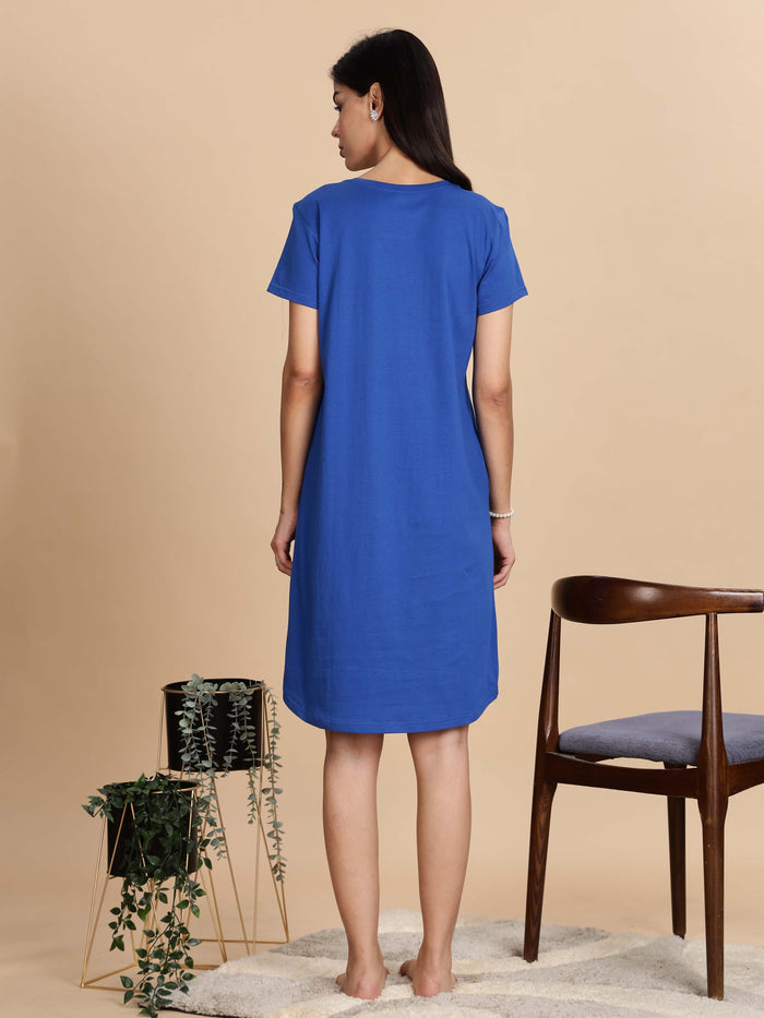 Berry Blue Printed Cotton Short Nighty For Women