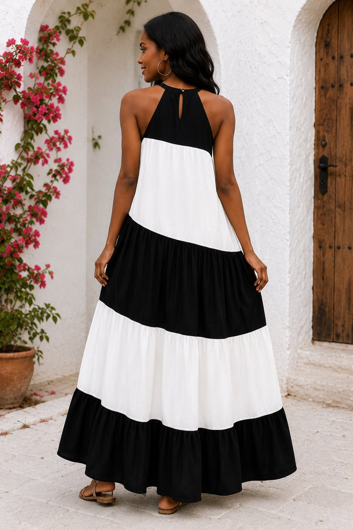 Crowned Colorblock Halter Maxi Dress