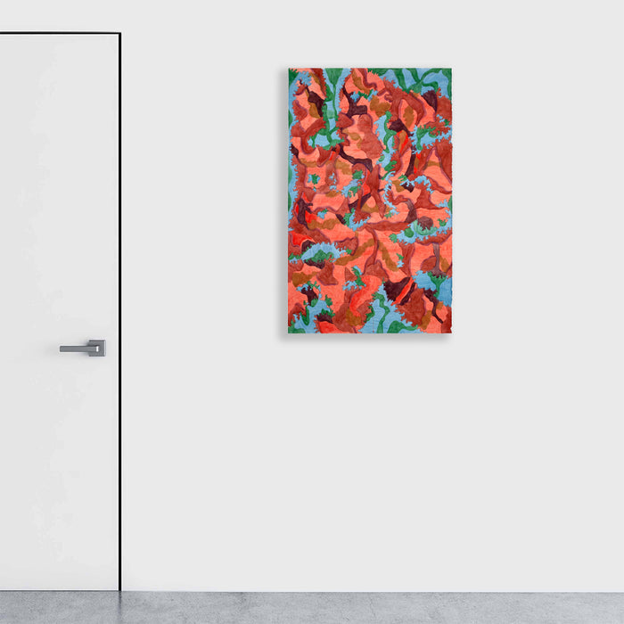 The artwork 'Entwine' by Winnie Sidharta features vibrant coral-red organic forms intertwined with flowing turquoise elements, created in watercolor on paper. The abstract composition suggests fluid movement and natural patterns, with rich textural details and dynamic color contrasts throughout the 42x26 inch piece. By Winnie Sidharta.