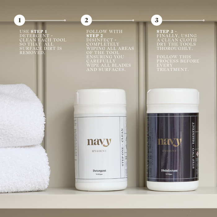 Navy Hygiene Kit Step by Step of Use:
1) Use Step 1 - Detergent. Clean each tool so that all surface dirt is removed.
2) Follow with Step 2 - Disinfect completely wiping all areas of the tool ensuring you carefully wipe all blades and surfaces.
3) Step 3 - Finally, using a clean cloth dry the tools thoroughly.
Follow this process before every treatment.