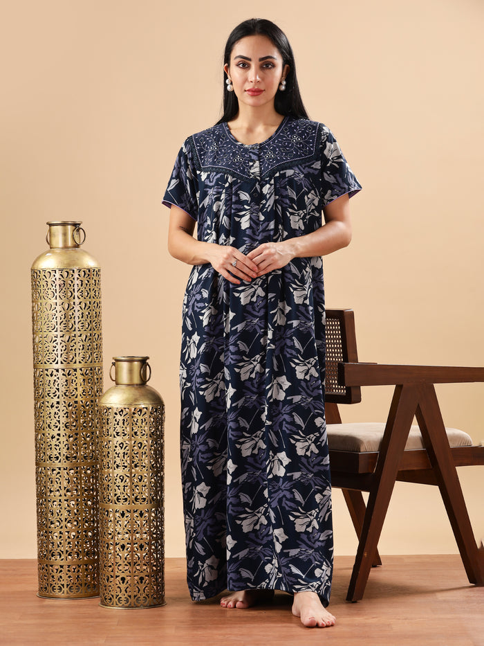 Soothing Blue Floral Maxi Nightdress with Embroidery