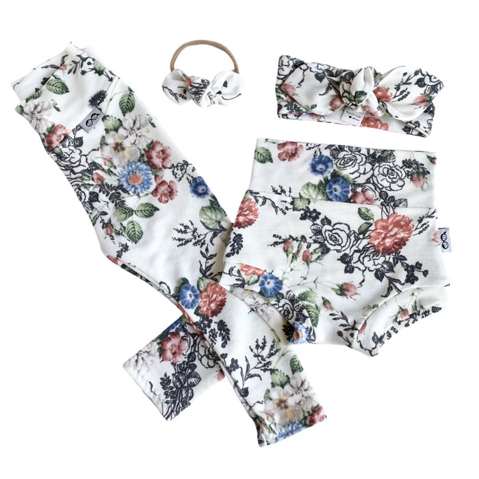 Floral on White Leggings and/or Headbands