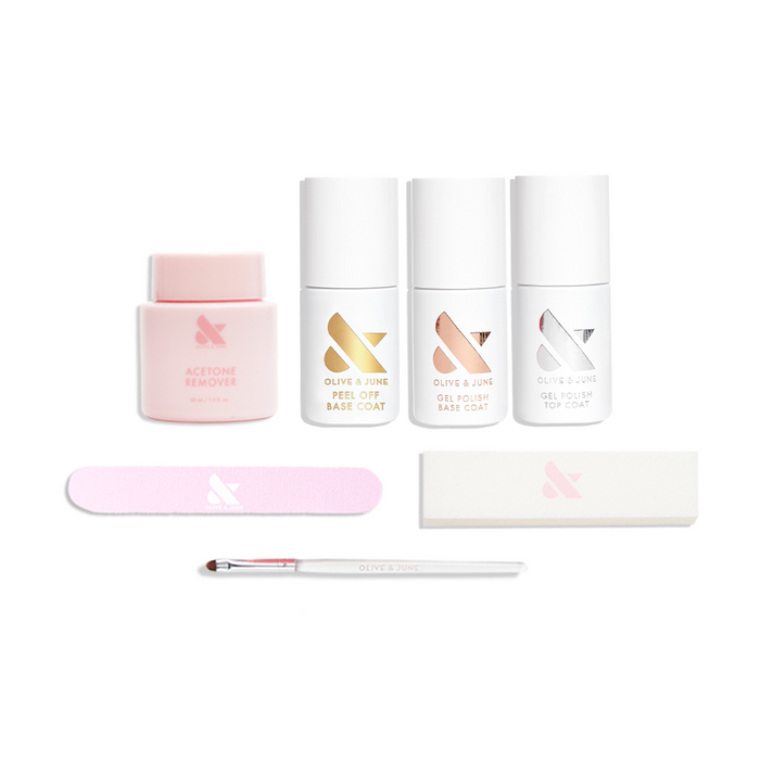Gel Restock Set featuring acetone remover, base coats, top coat, nail file, buffer, and application brush for mani maintenance