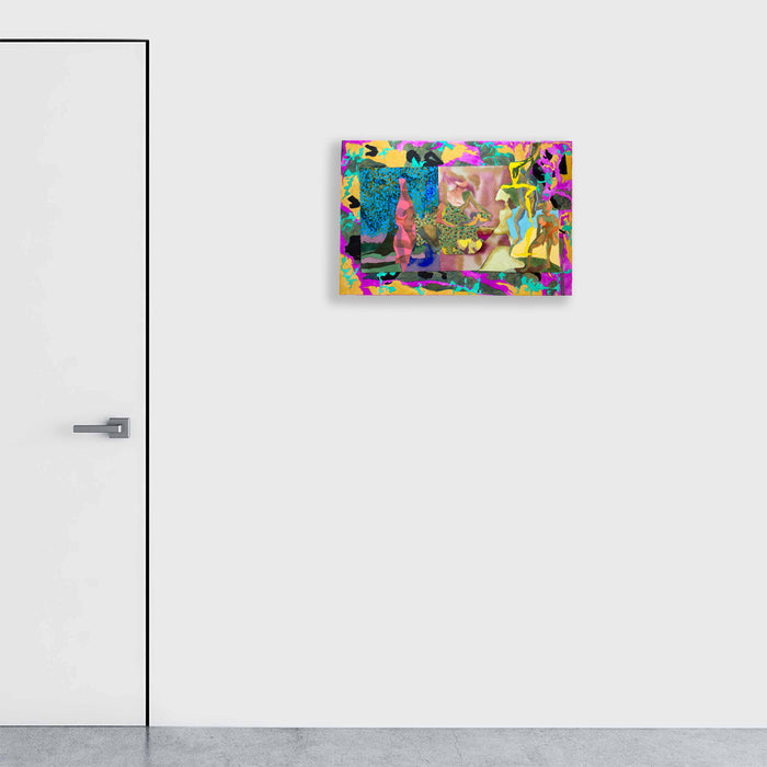 The artwork 'In The Distance' by Winnie Sidharta features a vibrant collage composition with watercolor elements. A central scene is framed by dynamic pink, yellow, and purple abstract shapes. The main image showcases various figures set against a turquoise blue background, creating a dreamlike narrative. The mixed media piece combines layered paper elements with delicate watercolor washes.