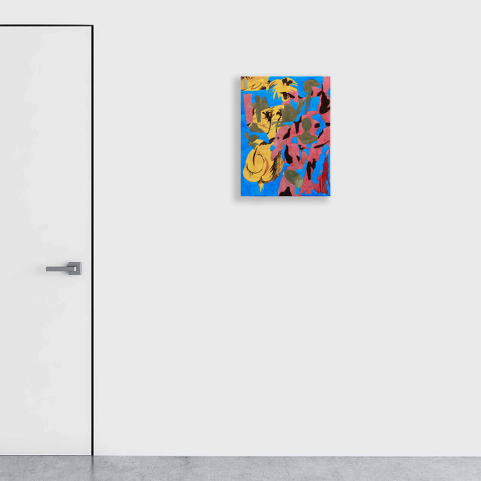 The artwork 'In The Shadow' by Winnie Sidharta features an abstract composition with dynamic interplay of vibrant yellow, pink, and electric blue colors. Bold black organic shapes create movement across the watercolor surface, suggesting flowing forms and shadows. The 18x24.5 inch piece demonstrates expressive brushwork and fluid transitions between colors on stretched paper.