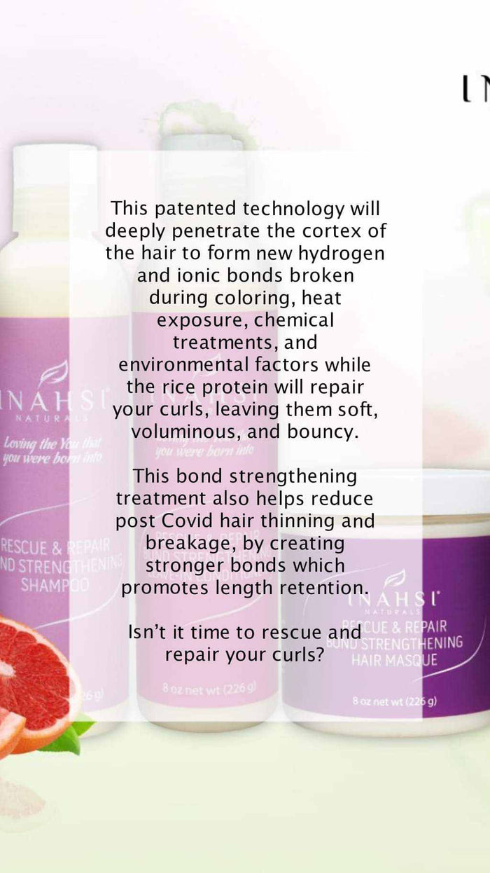 Inahsi Rescue & Repair Leave-In Conditioner with patented technology to strengthen and repair curls, reduce hair thinning, and enhance moisture and bounce