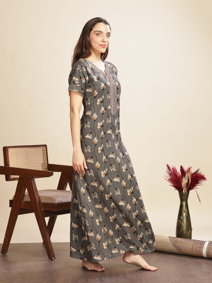 Iron Grey Floral Nightdress For Women with Pocket