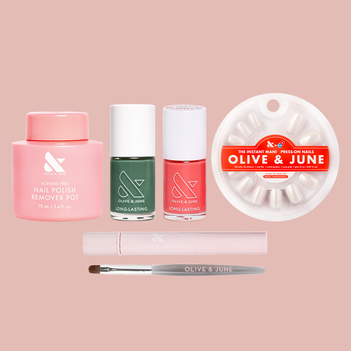 Junies 2025 Winners Set with nail polish remover, two long-lasting polishes, press-on nails, cuticle serum, and brush