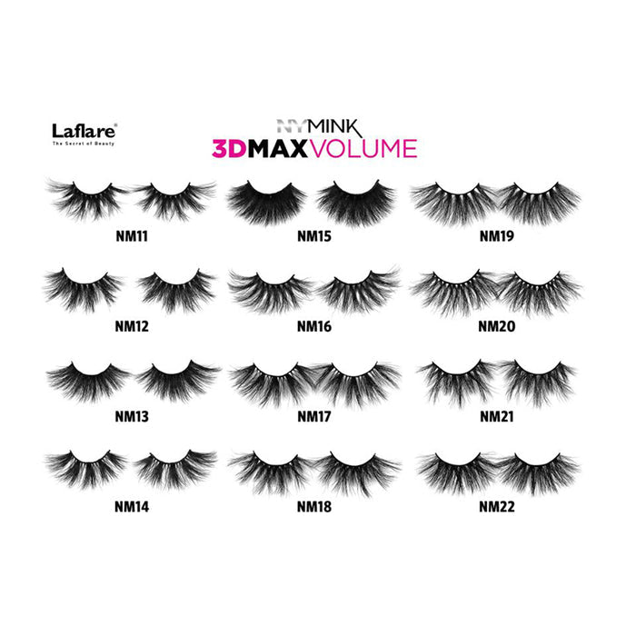 LAFLARE 3D mink volume lashes collection showing 12 black false eyelash styles labeled NM11 to NM22