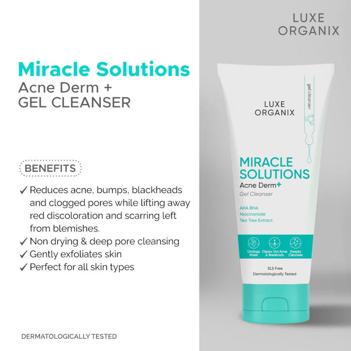 Luxe Organix Miracle Solutions Acne Derm+ Gel Cleanser 150ml جل منظف لوكس أورجانيكس ميراكل سوليوشنز لعلاج حب الشباب - Princess Cosmetics Qatar
