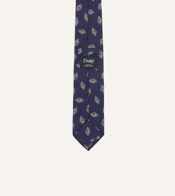 Navy Diamond Flower Print Silk Self-Tipped Tie