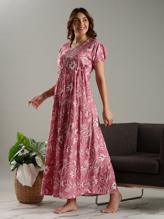 Rose Pink Floral Frock Type Nighty for Women