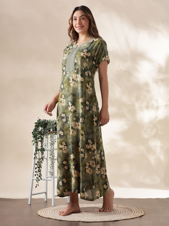 Olive Green Alpine Embroidered Nighty for Women