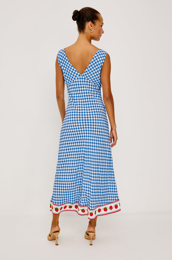 Serafina Midi Dress With V-Neckline and Bias Cut in Gingham Tomatoes Colorway - Full Body Back View Featured on Model
