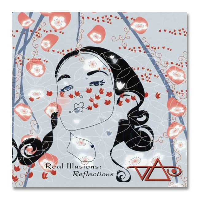 Image of the real illusions: reflections album art against white background. the artwork is a drawing of a woman with black curly hair. there are red and pink flowers surrounding her, with light blue tree branches framed around her face. the bottom right corner features the steve vai logo in red. The steve vai logo makes the word "vai" with an upside down triangle, a right side up one, and a line going across the triangles with a curl at the end next to the triangle that is upright.