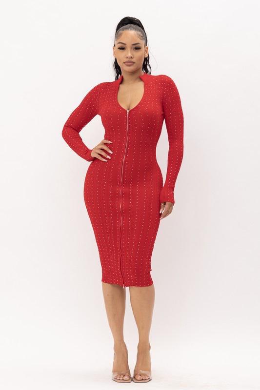 Rhinestone Zip Up Midi Dress