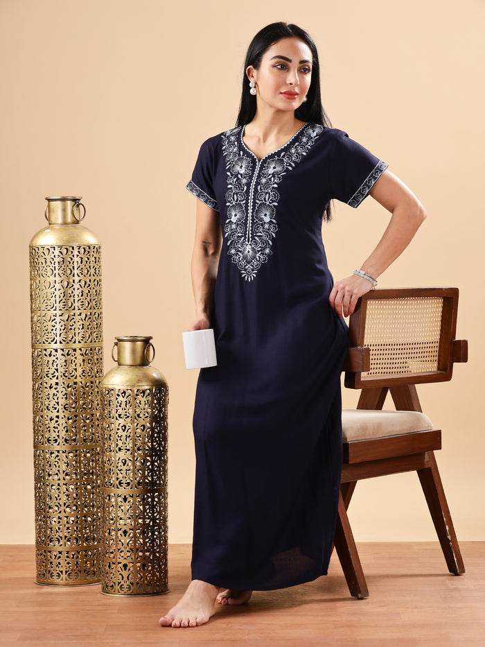 Premium Midnight Blue Floral Nighty for Women