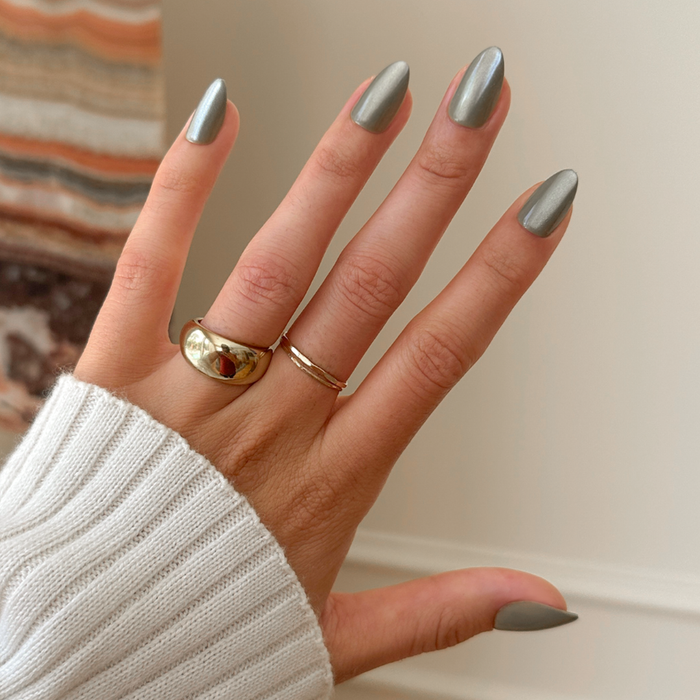 Sage Velvet - Press-On | Medium | Almond nails in shimmery sage green with velvet finish for a polished at home mani