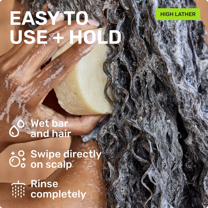 EASY TO USE + HOLD
Wet bar and hair
Swipe directly on scalp
Rinse completely