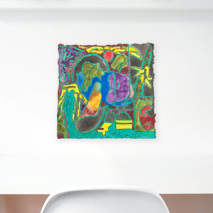 The artwork 'Sleepwalker' by Winnie Sidharta features a vibrant abstract composition with dynamic swirls of turquoise, purple, yellow, and red created using shellac ink and watercolor. The painting displays organic, dreamlike forms flowing across a square panel, with bold gestural strokes and layered transparent effects suggesting movement and ethereal transitions. 12x12 inches mounted on panel by Winnie Sidharta.