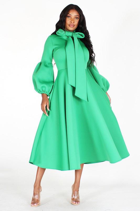 Solid Bow Tie, Puff Sleeve, Midi Dress