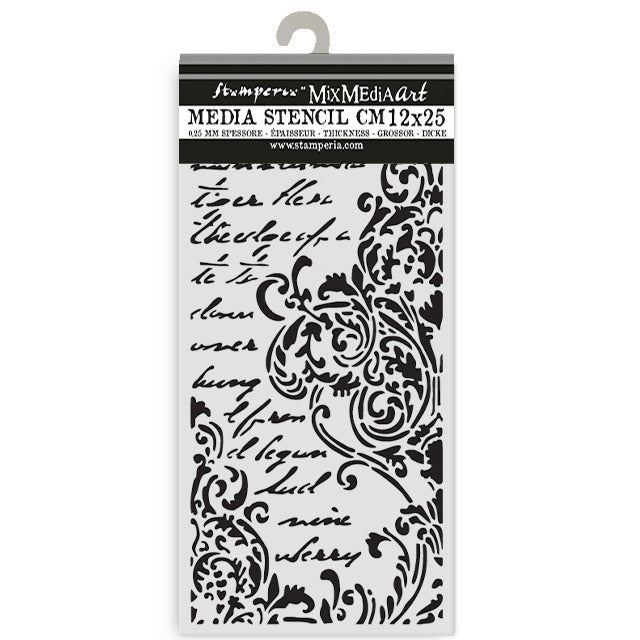 Stamperia - Thick Stencil - Create Happiness Secret Diary - Frieze With Lettering. Size: 12 cm x 25 cm. At Embellish Away located in Bowmanville Ontario Canada.