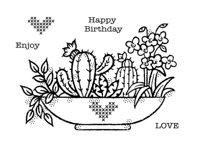 Woodware - 4"x6" Clear Singles Stamp - Plant Display. On trend stamp with a display of succulents with a love theme. Add a personal touch with your favourite colouring medium and the fun words. Designed by Francoise Read. These stamps would be perfect for cards and scrapbook pages as well as mixed media or fun décor projects. Available at Embellish Away located in Bowmanville Ontario Canada.