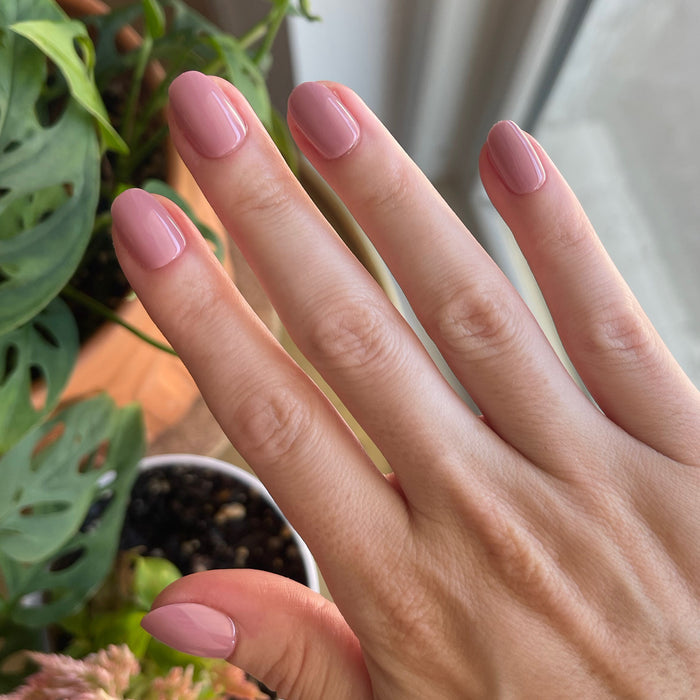 World Lit - Press-On | Extra Short | Round showing hand with mauve extra short round press-on manicure in natural light indoors