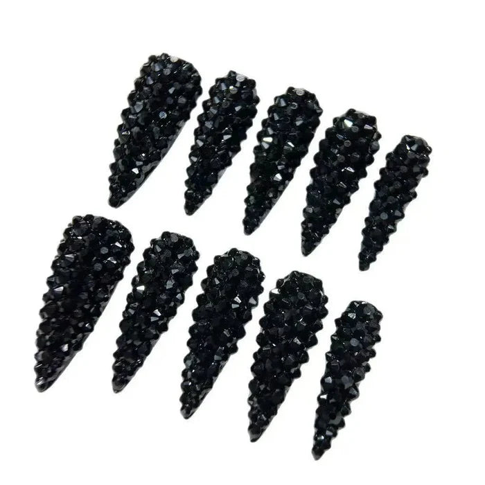 10pcs high-end Cool girl style, dazzling pure black round diamond, sparkling water diamond handmade fake nails