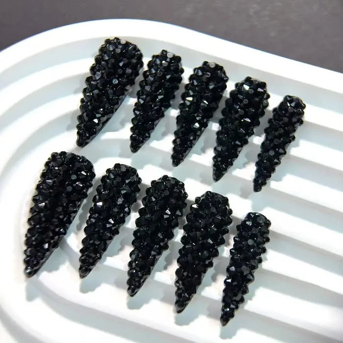 10pcs high-end Cool girl style, dazzling pure black round diamond, sparkling water diamond handmade fake nails