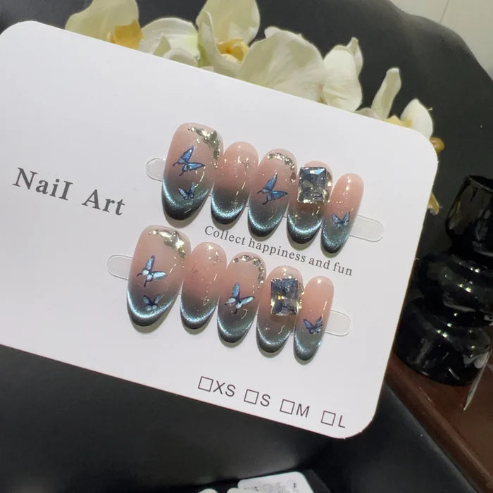 10pcs high-end Gradient pinkish blue handmade French Tip Nails, Blue butterfly nail art