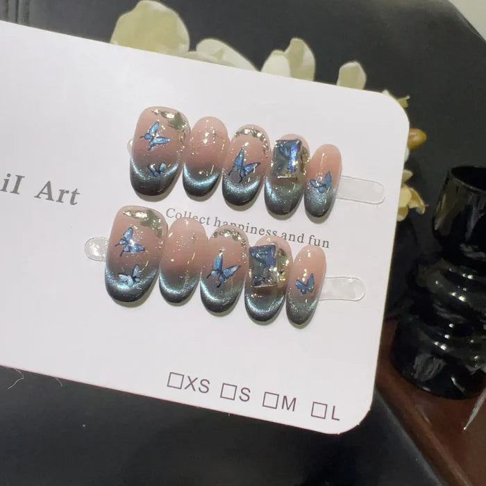 10pcs high-end Gradient pinkish blue handmade French Tip Nails, Blue butterfly nail art