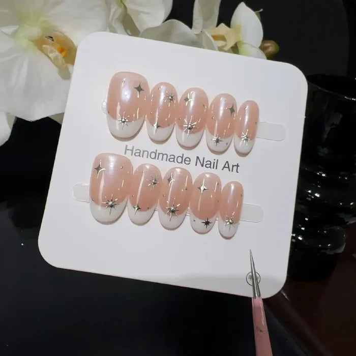 10pcs high-end Starlight small diamond handmade French Tip Nails, Light luxury pink-themed nail art