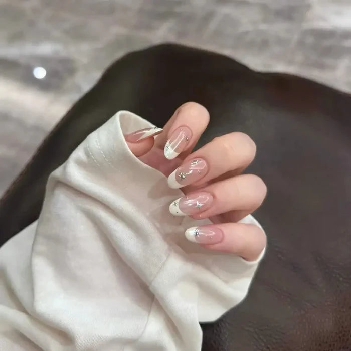 10pcs high-end Starlight small diamond handmade French Tip Nails, Light luxury pink-themed nail art