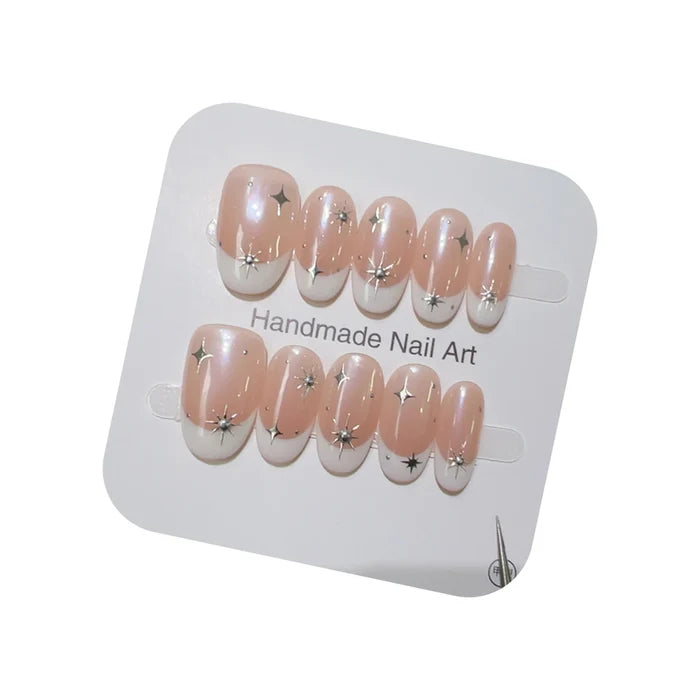10pcs high-end Starlight small diamond handmade French Tip Nails, Light luxury pink-themed nail art