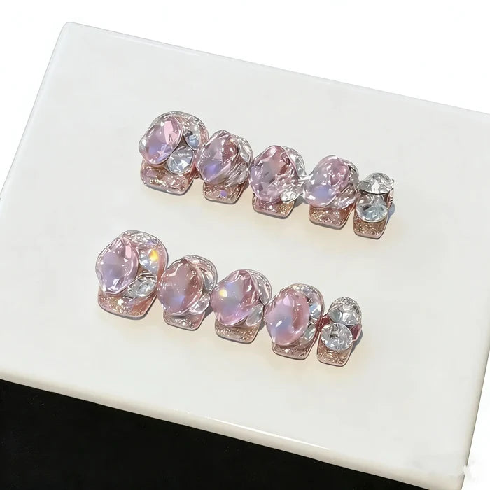 10pcs high-end Sweet and girlish style, pink sparkling rose, dazzling diamonds all over handmade fake nails