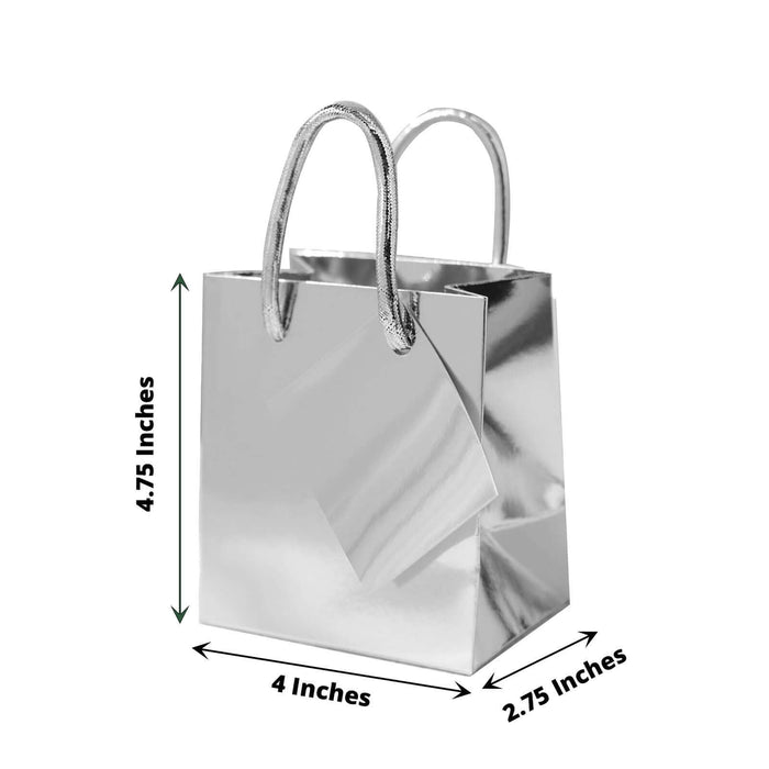 Silver gift bag with dimensions 4.75" x 4" x 2.75"