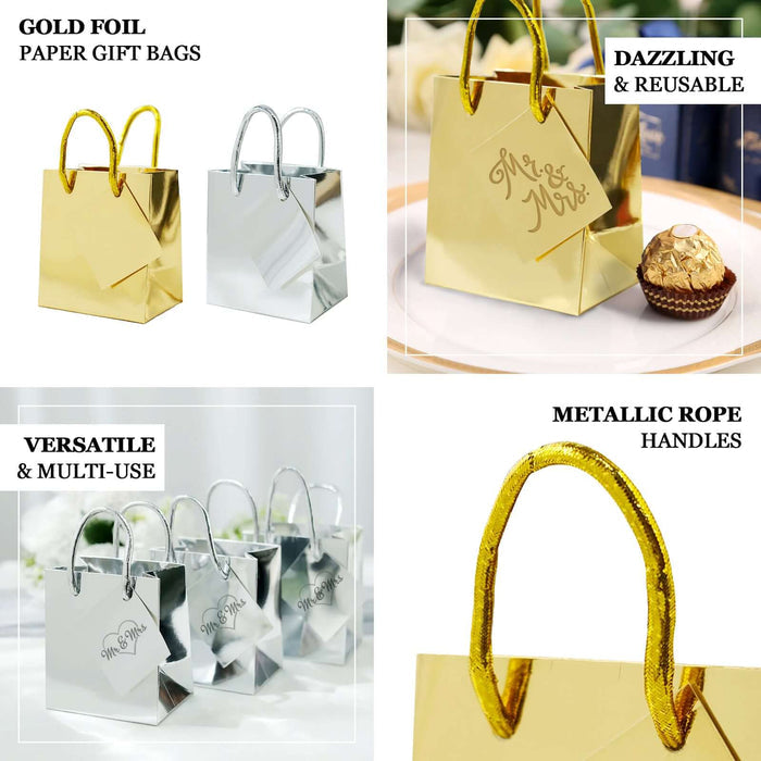 Gold foil and silver paper gift bags with metallic rope handles, versatile and reusable.
