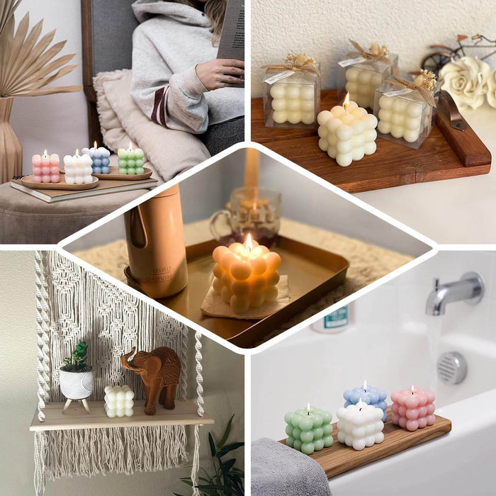 Colorful bubble candles in various sizes, beautifully styled in cozy settings.