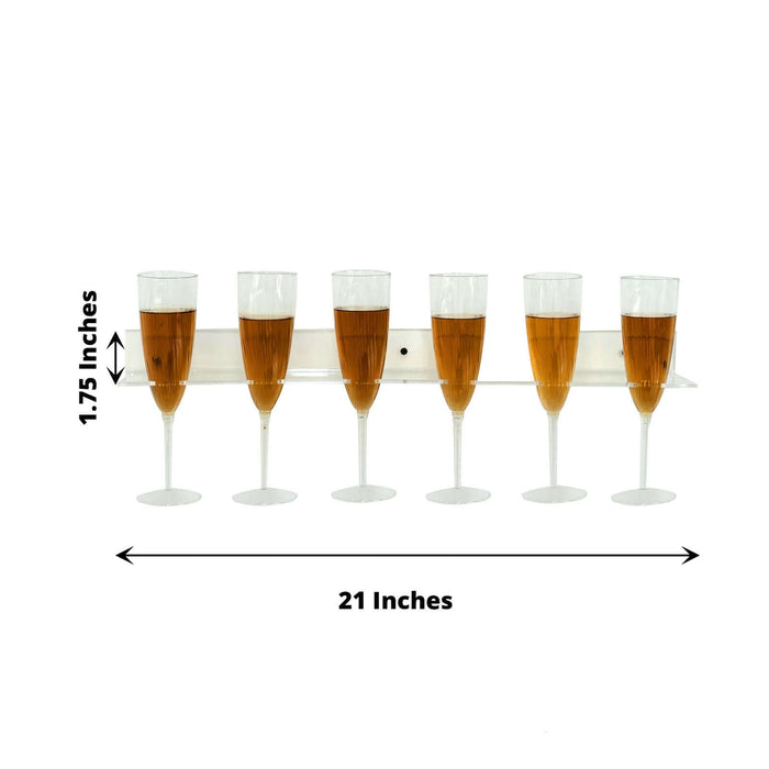 Champagne flute holder with six glasses, 21 inches long, 1.75 inches tall